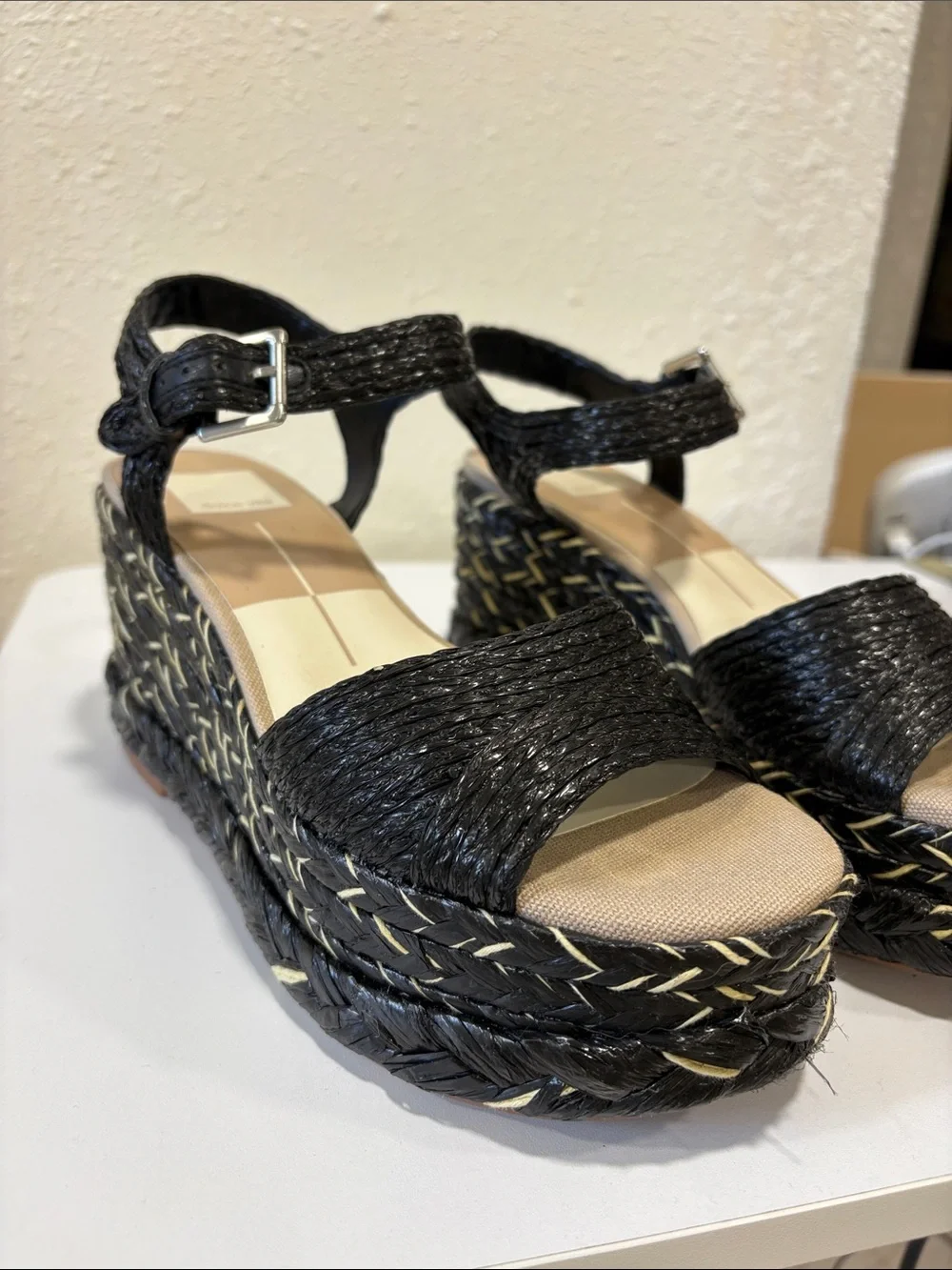 Dolce Vita Tiago Black Raffia Platform Sandals with Ankle Strap